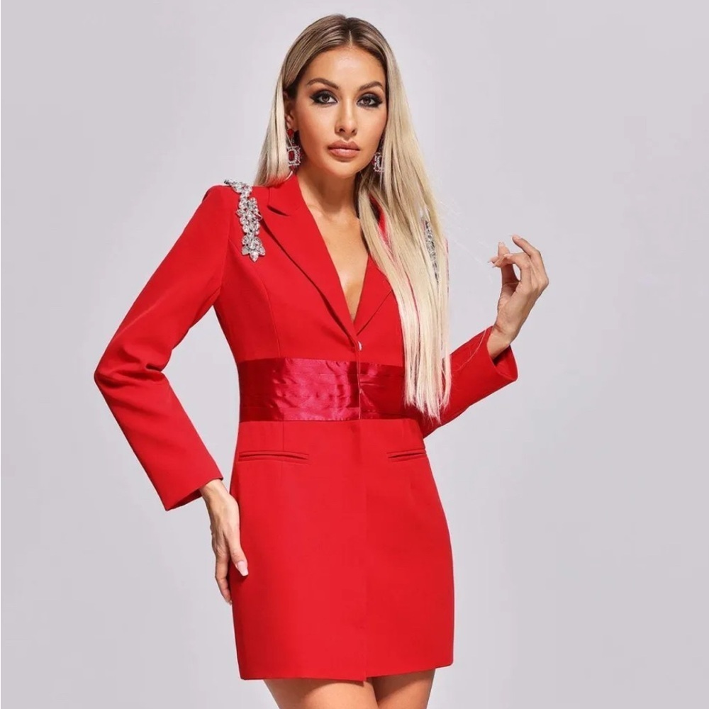 Lavish Alice Elegant Red Blazer Dress with Embellishments